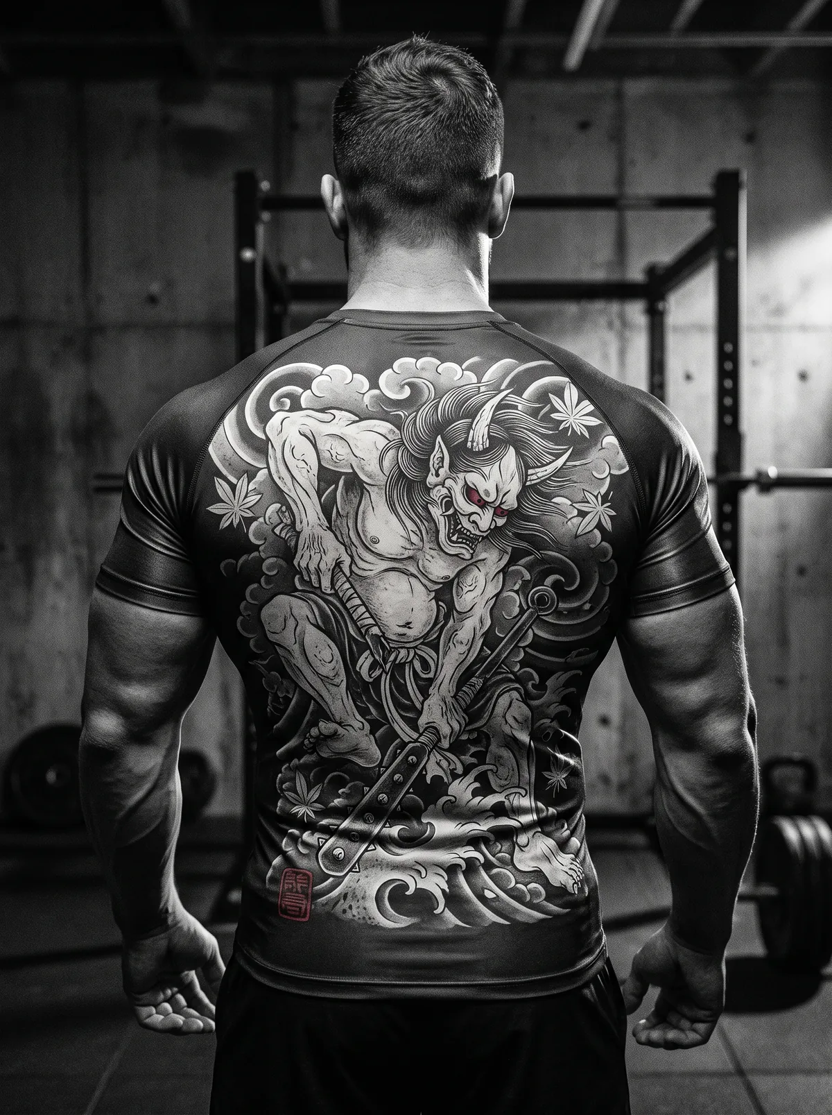 Rear view of a muscular model in the black IKITAI Oni Compression Tee, a full traditional Japanese irezumi back piece of a crouching horned demon in bone-white woodblock linework covering the whole back