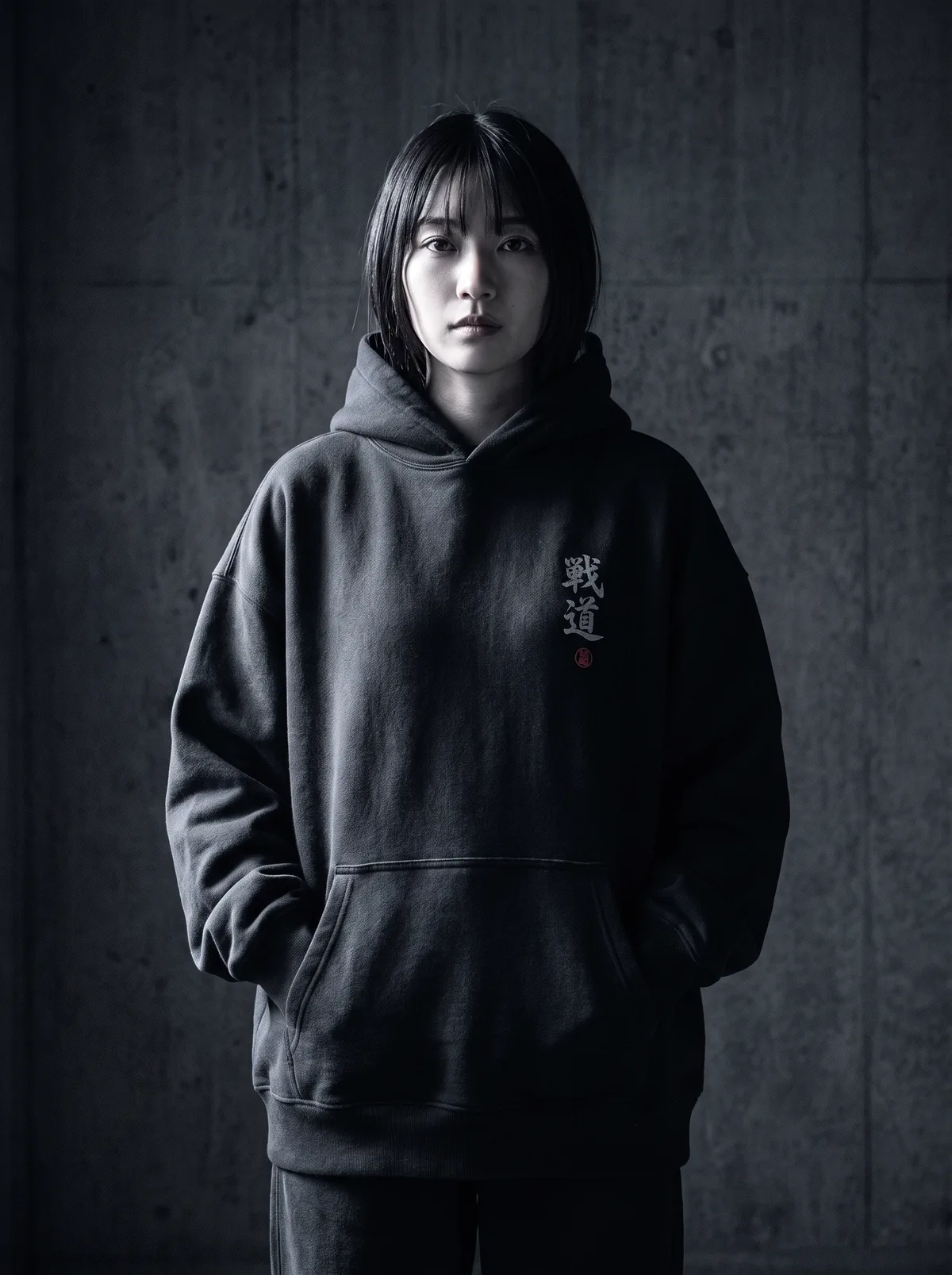 Model wearing the IKITAI Shinigami Heavyweight Hoodie in black 320GSM fleece with small kanji and a red seal on the chest